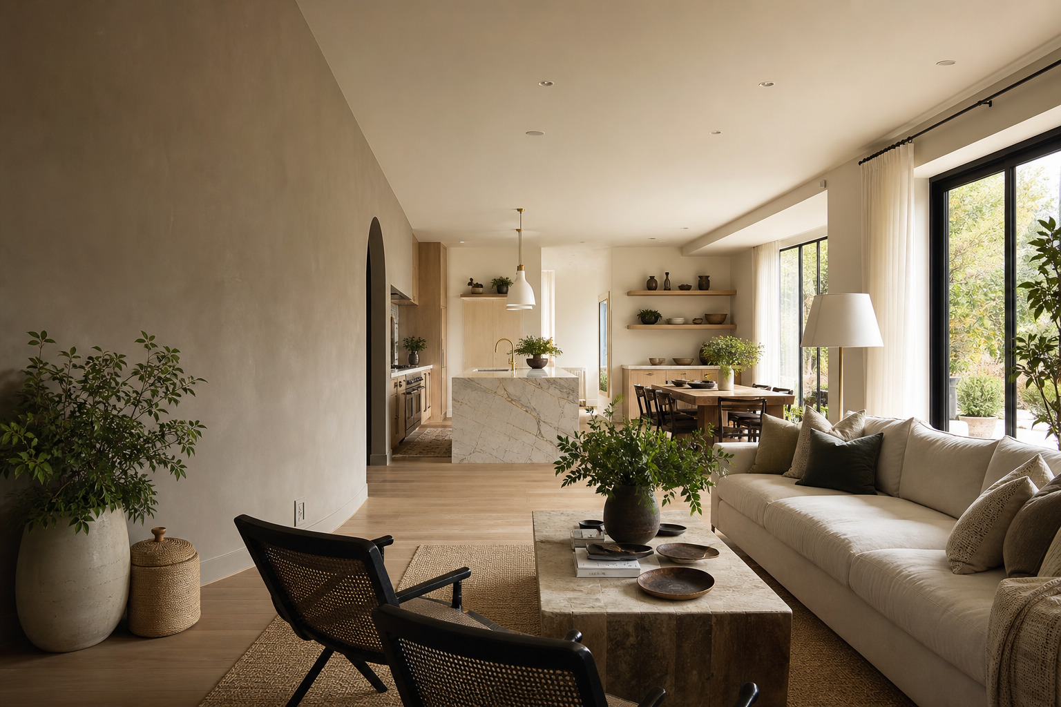 Warm open-plan renovated living room with kitchen and natural materials